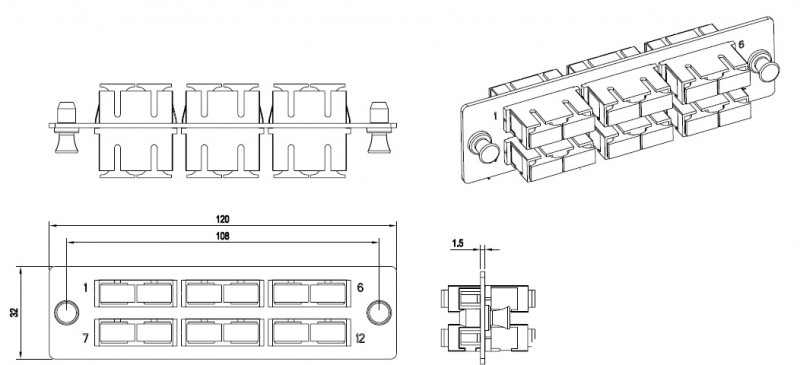 Hyperline FO-FPM-W120H32-6DSC-BL Панель для FO-19BX с 6 SC (duplex) адаптерами