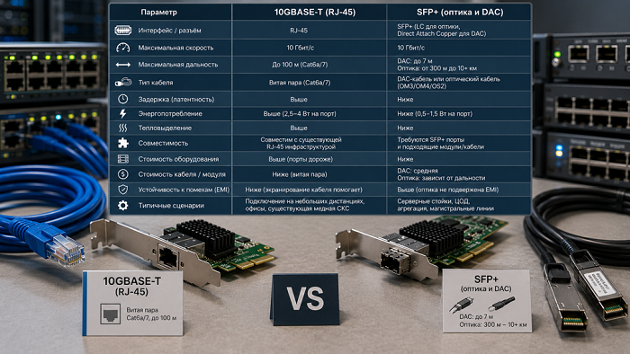 Сравнение 10GBASE-T с RJ-45 и SFP+ с DAC и оптикой для сети 10 Гбит/с