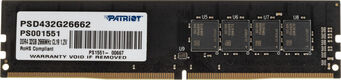 Patriot DDR4 32GB 2666MHz UDIMM (PC4-21300) CL19 1.2V (Retail) 2*8 PSD432G26662