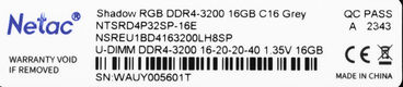 Netac Shadow RGB 16GB DDR4-3200 (PC4-25600) C16 Grey 16-20-20-40 1.35V XMP Memory module Netac Shadow RGB 16GB DDR4-3200 (PC4-25600) C16 Grey 16-20-20-40 1.35V XMP Memory module