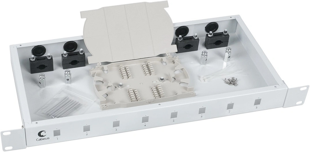 Cabeus FO-19-8SC Кросс бокс оптический 19" на 8 SC (LC duplex) со сплайс-кассетой и КДЗС (без пигтейлов и проходных адаптеров)