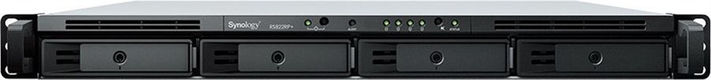 Synology (Rack 1U) QC2,2Ghz CPU/2Gb(upto32)/RAID0,1,10,5,6/upto 4hot plug HDDs SATA(3,5' or 2,5')(upto 8 with RX418)/2xUSB3.2/1eSATA/4GigEth/(1xExpslot)/iSCSI/2xIPcam(upto40)/2xRPS/1YW/no rail