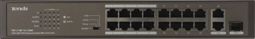 TENDA TEF1118P-16-150W Коммутатор в стойку 16-Ports 10/100 Base-TX + 2-Ports 10/100/1000 Base-T + 1-Port 1000 Base-X SFP 16-Ports PoE(PoE бюджет 130W)